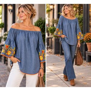 Ivy Jane For Anthropology 100% Cotton Blue Chambray Embroidered Top Size Small